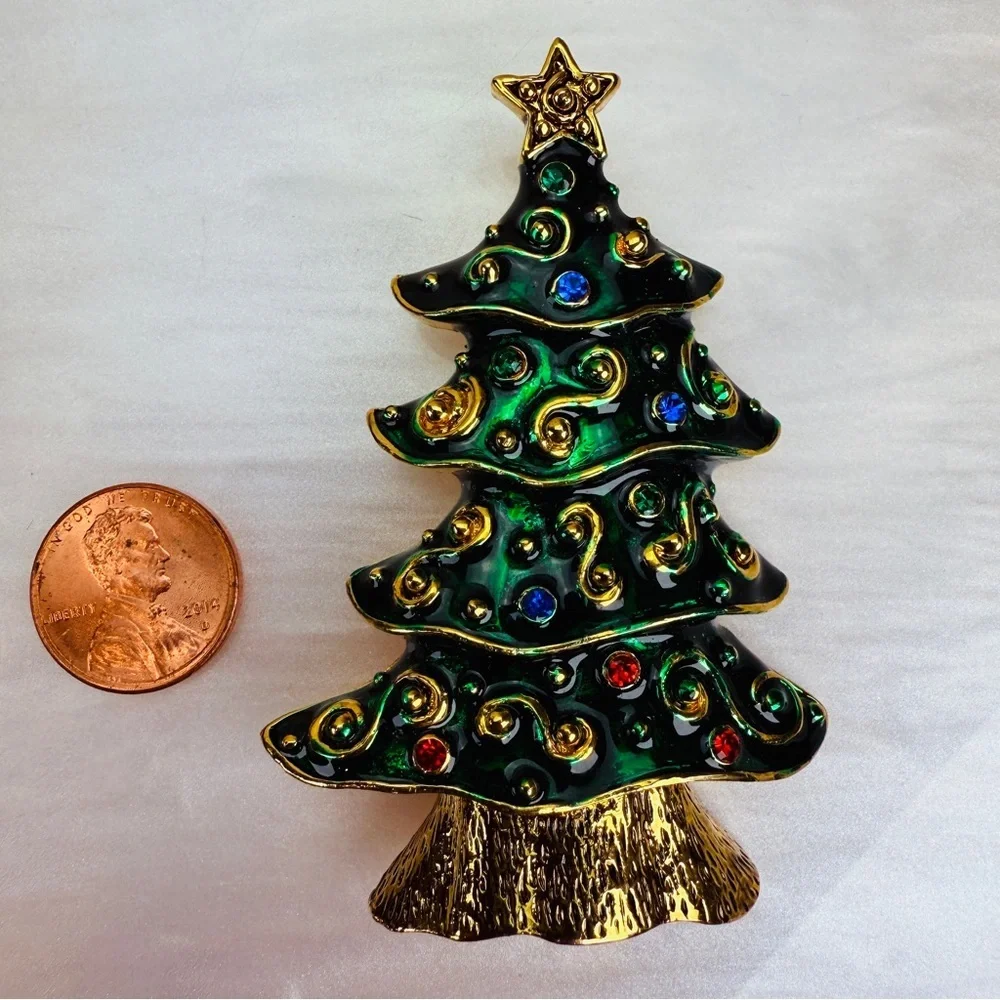 Vintage Festive Goldstone green Christmas Holiday Large Weighted Tree Brooch